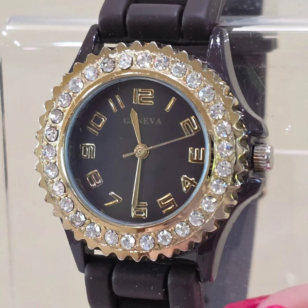 Geneva Women's Gold Brown Crystal Accent Wrist Watch Brown Silicone Band Works